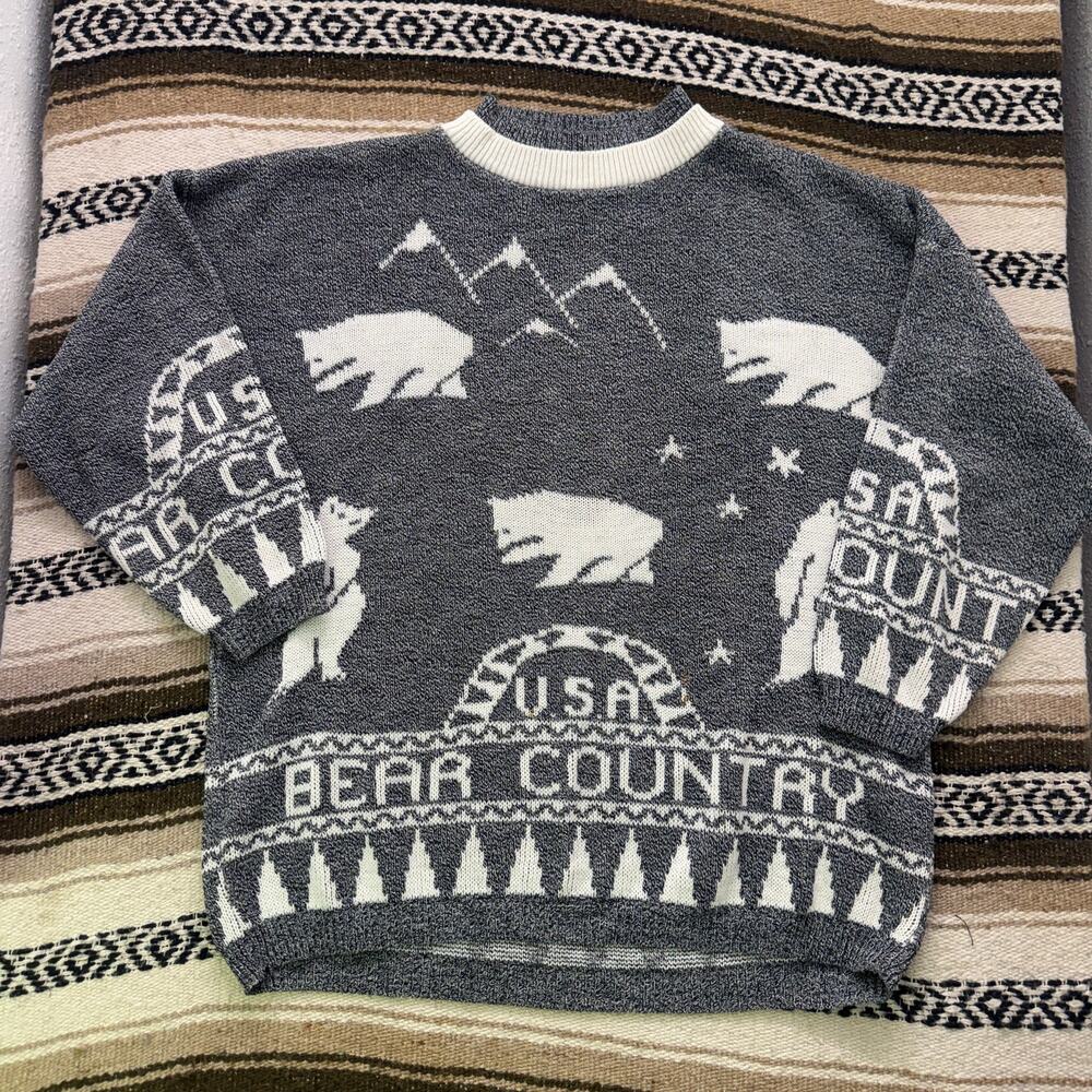 Women's Vintage 90's USA Bear Country Gray White Knit Pullover Sweater Sz XL VTG